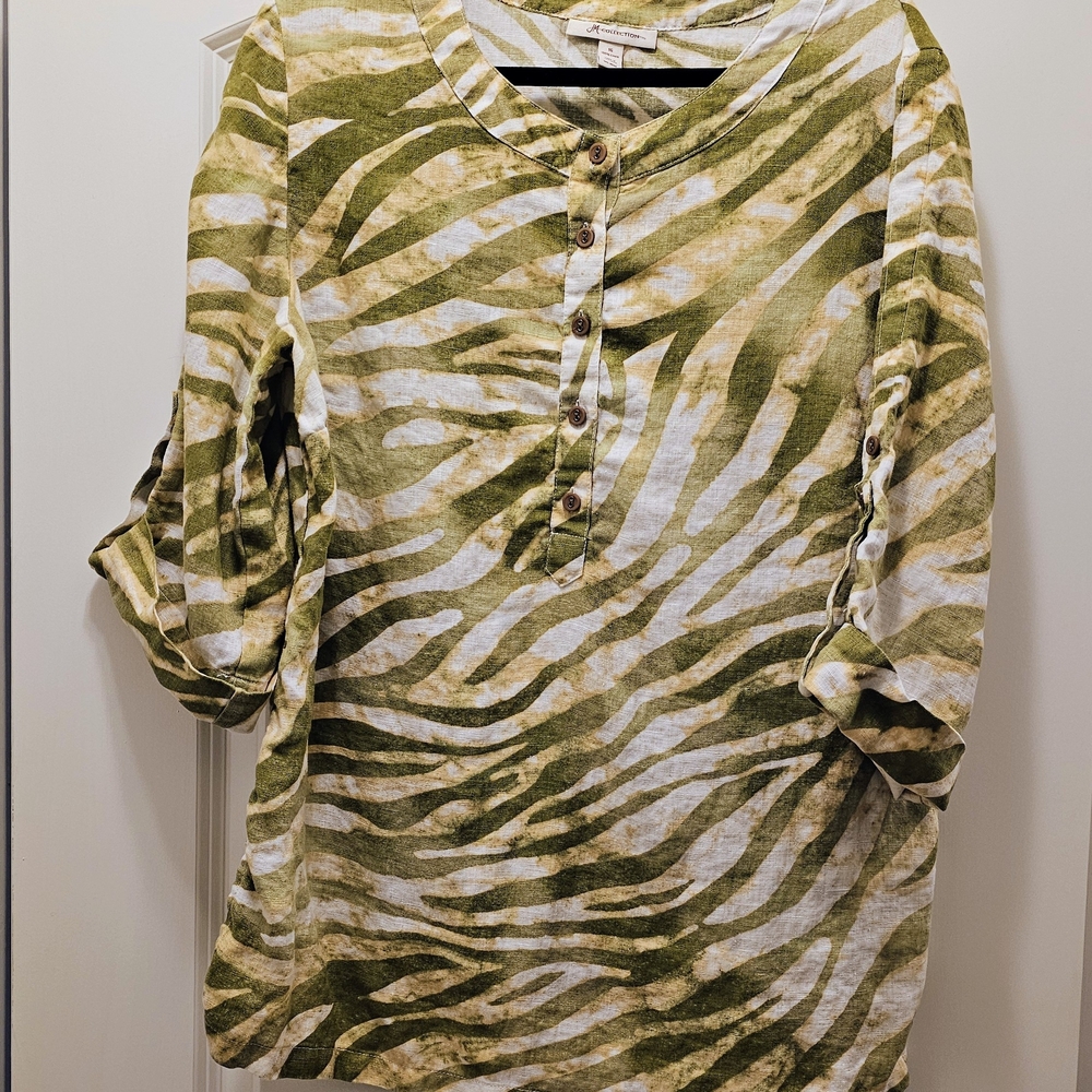 Green Linen Zebra Print Tunic Top Size 16 Coastal Lightweight Boho - Picture 2 of 8
